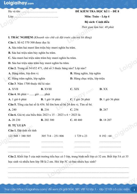 Đề kiểm tra học kì 1 Toán 4 Cánh diều - Đề số 8